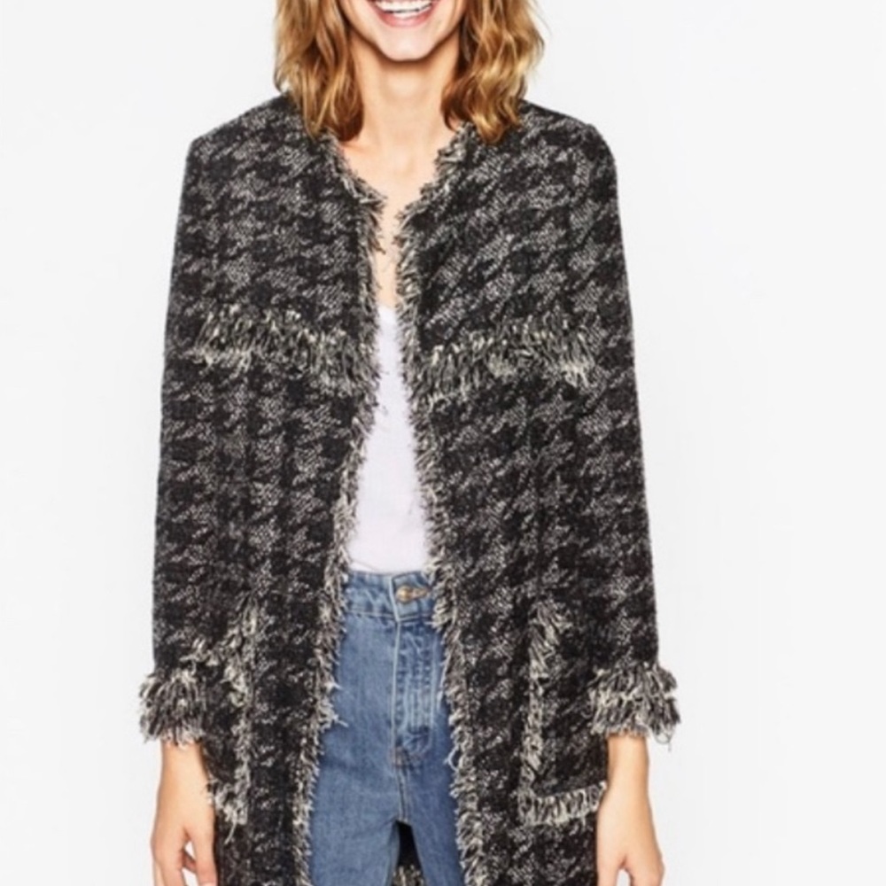 NWT RARE Luxury Classic Minimalist Zara Houndstooth Tweed Fringe Coat/Jacket - Picture 10 of 17
